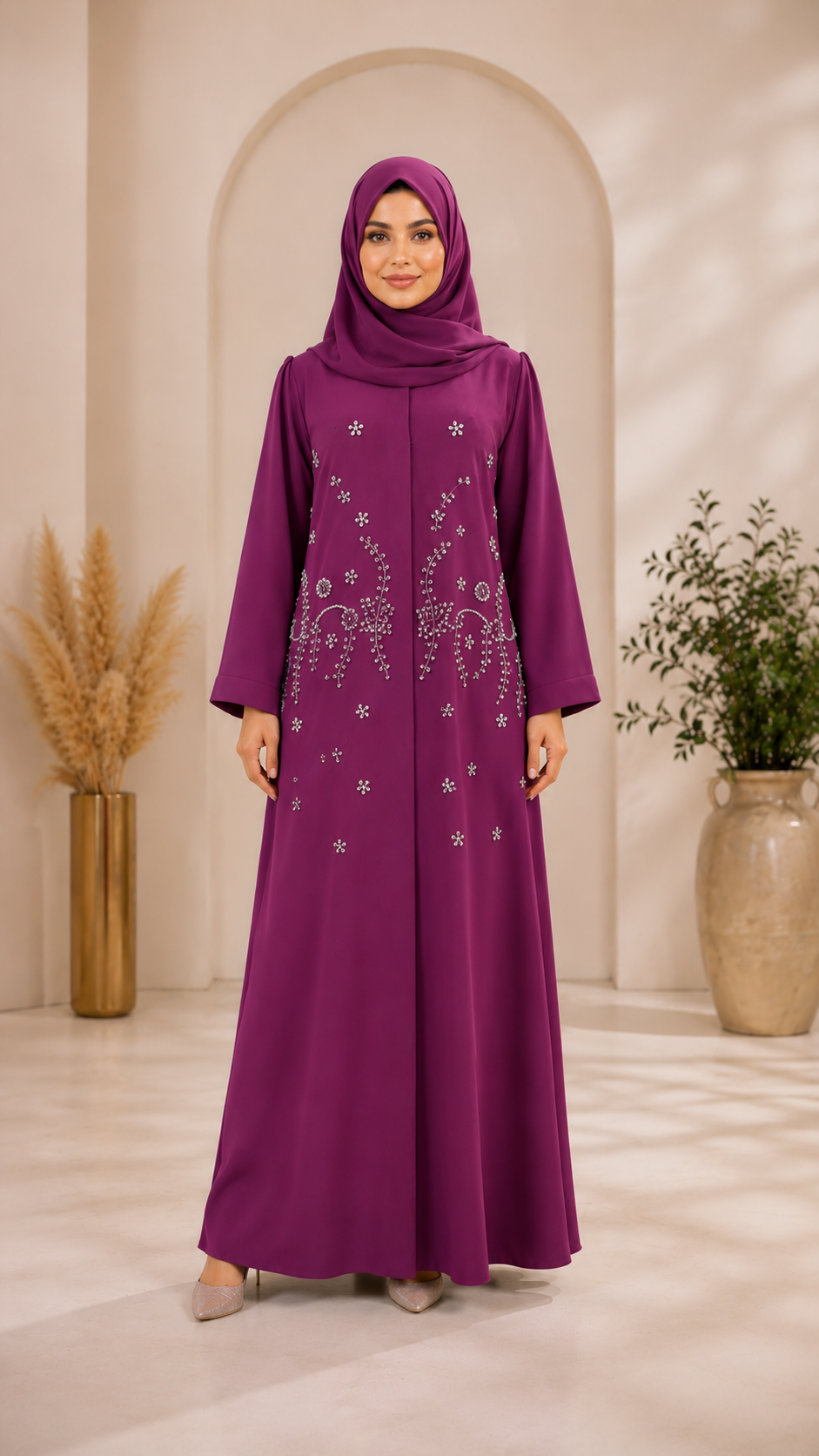 Purple Crystal Handwork Front Design Abaya - FM1002