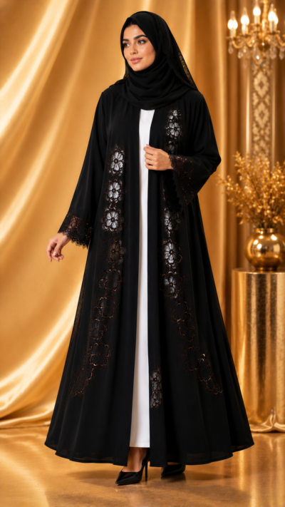 Women’s Black Floral Cutwork Open Abaya - FM1003
