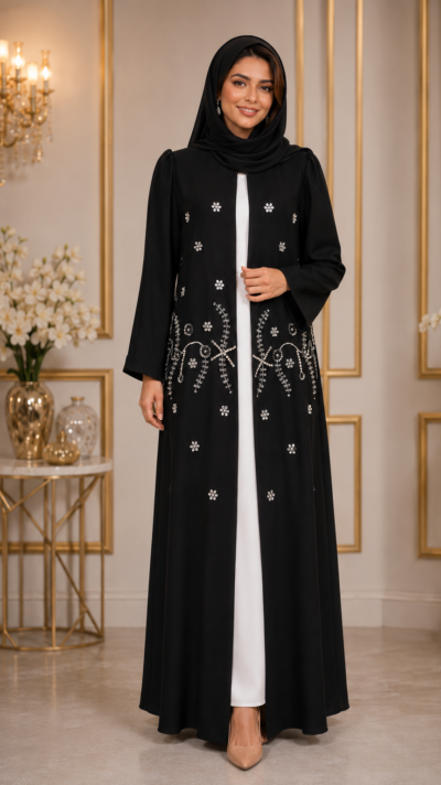Black Handwork Front Design Abaya - FM1007