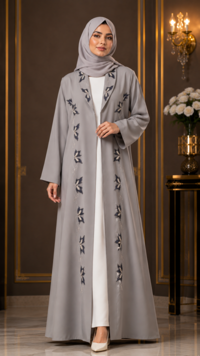 Elegant Grey Floral Embroidered Open Abaya for Women - FM1009