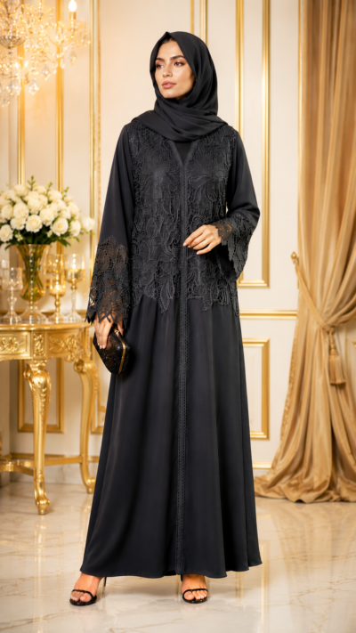 Black Elegant Floral Lace Open Abaya for Women with Sheila - FM1010