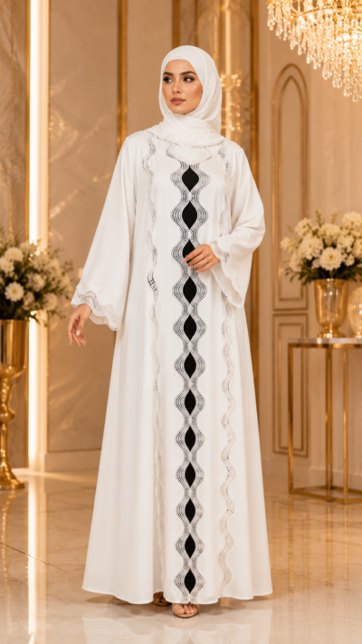 Elegant White Laser Cut Openwork Abaya for Women with Sheila - FM1012
