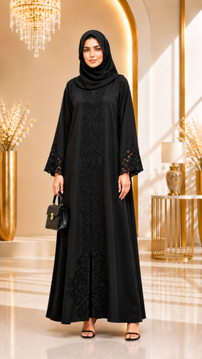 Midnight Noir Floral Laser Cut Abaya for Women with Sheila - FM1013