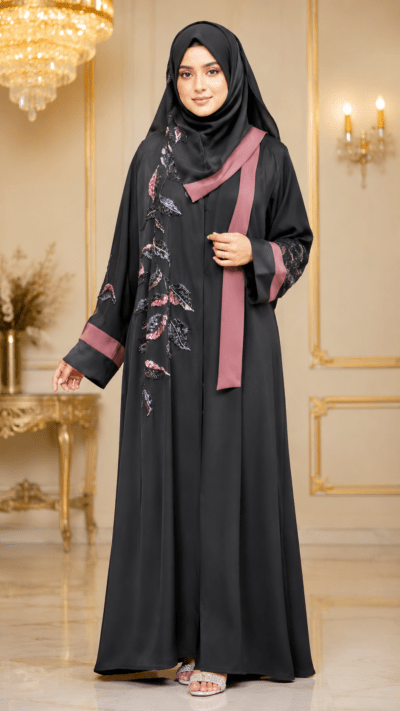 Women's Luxury Hand Work Black Abaya with Mauve Contrast & Sheila - FM1021