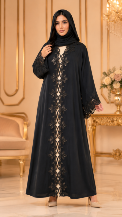 Midnight Floral Luxe Laser Cut Open Abaya - FM1026