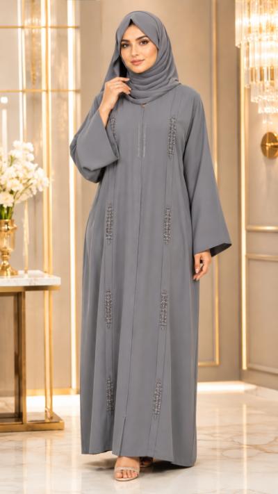 Women’s Elegant Grey Embellished Abaya with Sheila - FM1028