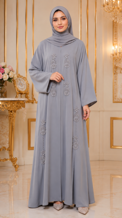 Women’s Premium Grey Embroidered Abaya with Sheila – FM1029