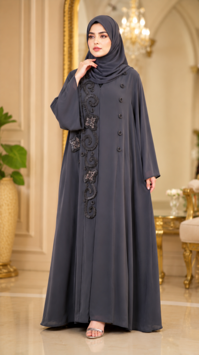 Women’s Premium Handcrafted Spiral Work Abaya Charcoal Grey- FM1030