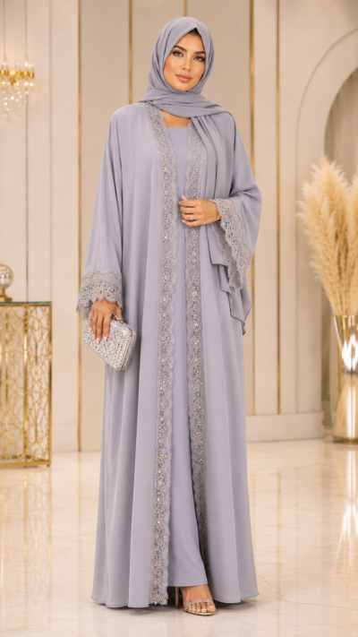 Luxury Pearl Lace Open Abaya – Ash Grey Edition - FM1031
