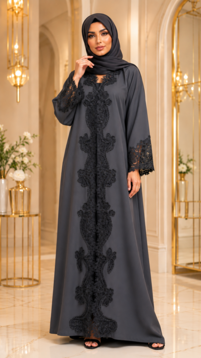 Women's Midnight Noir Laser Cut Dantel Lace Abaya - FM1032