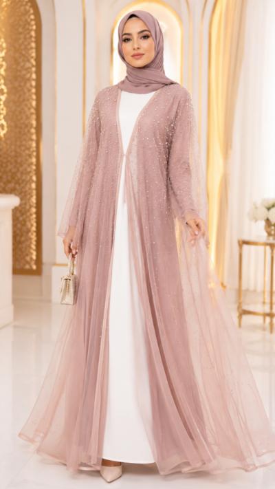 Women's Luxury Dusty Rose Stone Work Shaadi Abaya with Sheila - FM1035
