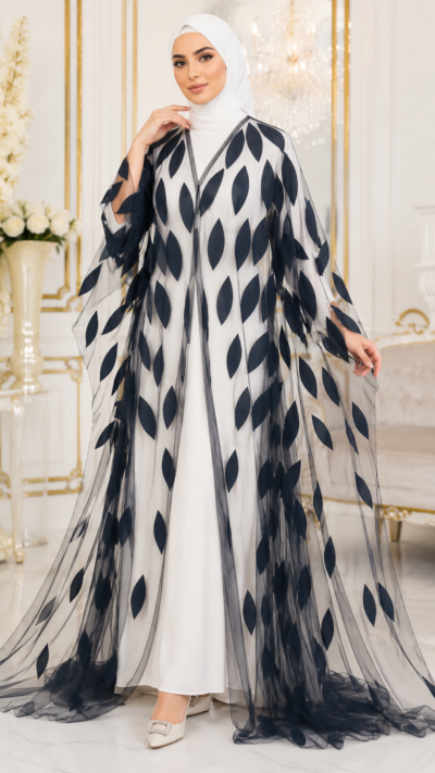 Women's Luxury Black Leaf Net Shaadi Abaya – Premium Bridal Collection - FM1040